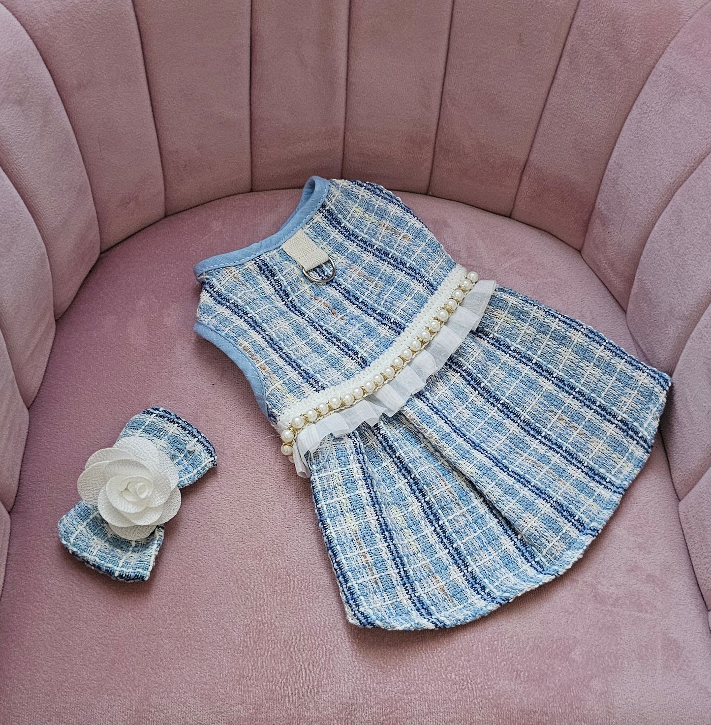 Blue Tweed Dress with Bow